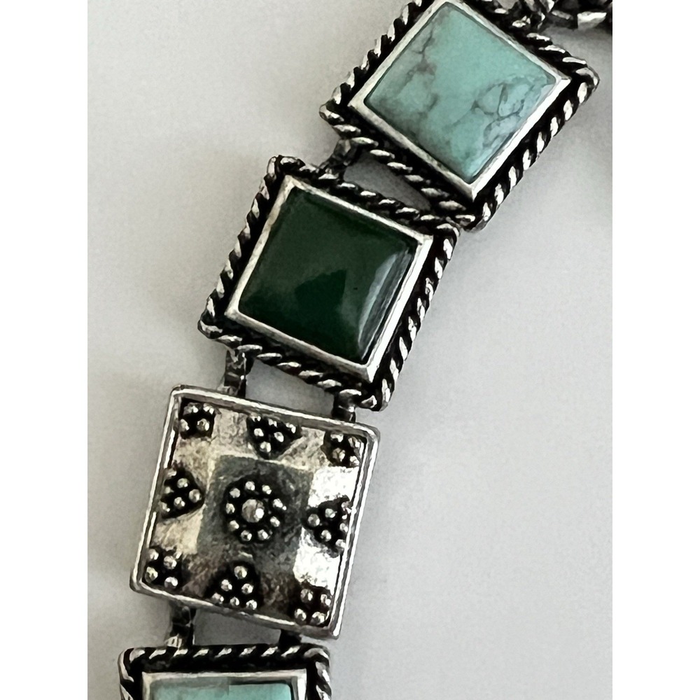 Ornate Lucky Brand VTG Green Turquoise Flower Cabochon Bracelet Silver Tone Boho - Picture 10 of 14